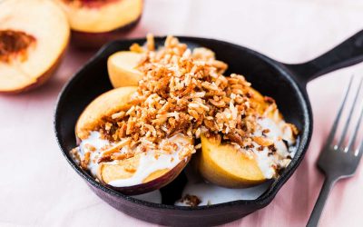Grilled Peaches with Coconut Cream and Almond Crumble
